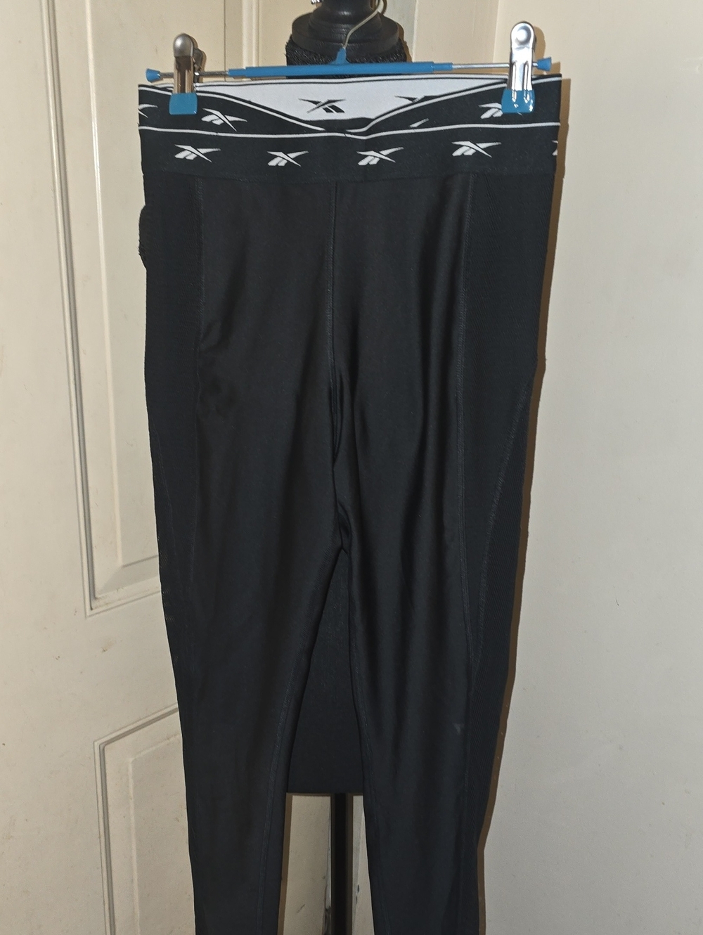 Reebok Black Women's Leggings with Logo Waistband.  Sheer Mesh Side Panels.